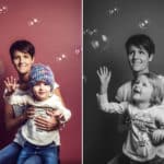Familienfotos von Mutter und Tochter vor pinken Hintergrund mit Seifenblasen.