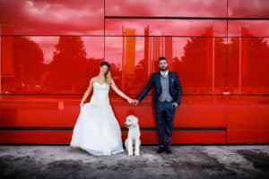 Hochzeitsfotos vor roter Wand mit Hund. Besitzer der Fahrschule fahrszination.