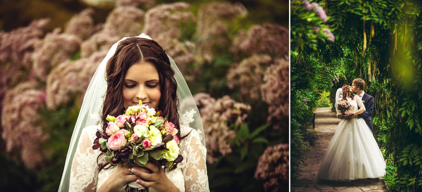 Verträumtes Hochzeitsbild mit Blumen aus dem Park.