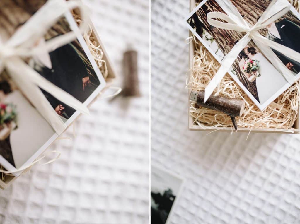 Die Hochzeitspräsentationsbox mit USB Stick ist fertig verpackt worden.